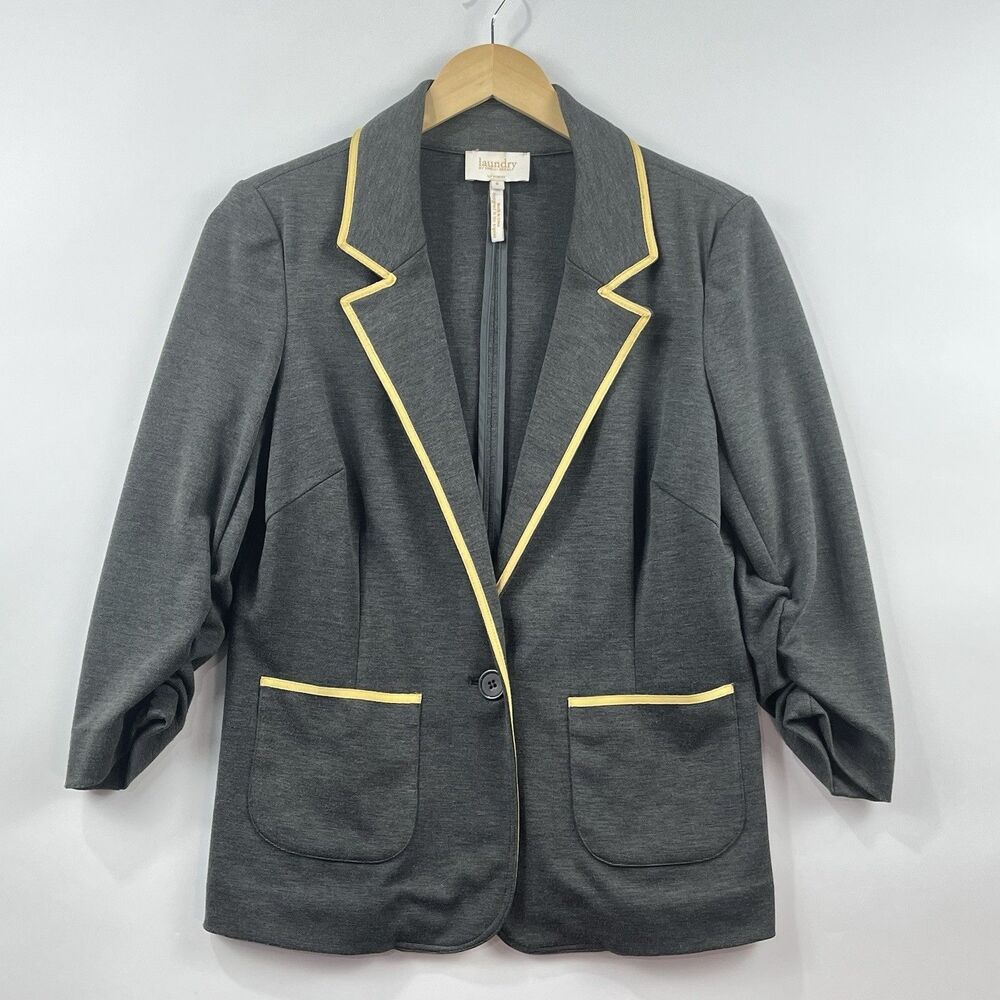 Laundry by Shelli Segal Stretch Knit Blazer Women Jacket Size 8 Gray Yellow Trim